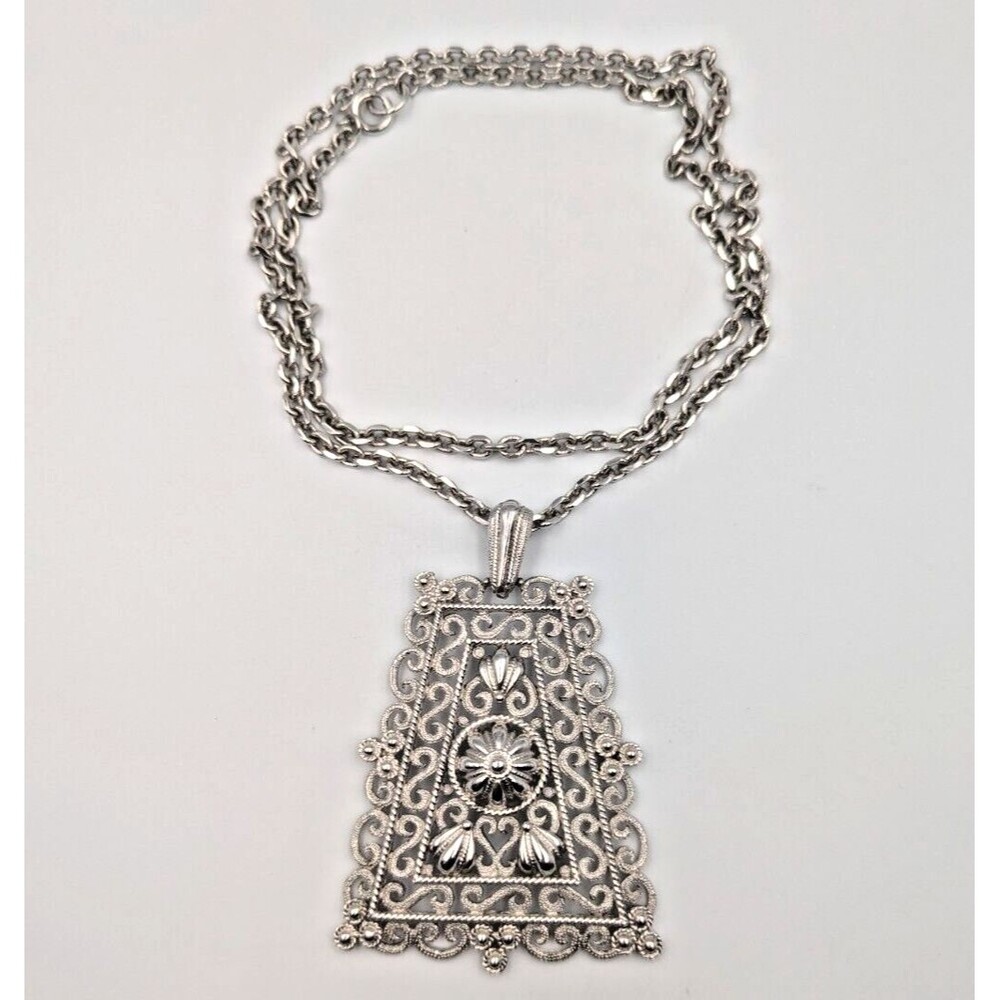 Vintage Crown Trifari Silver Tone Statement Ornate Pendant Necklace Long Chain